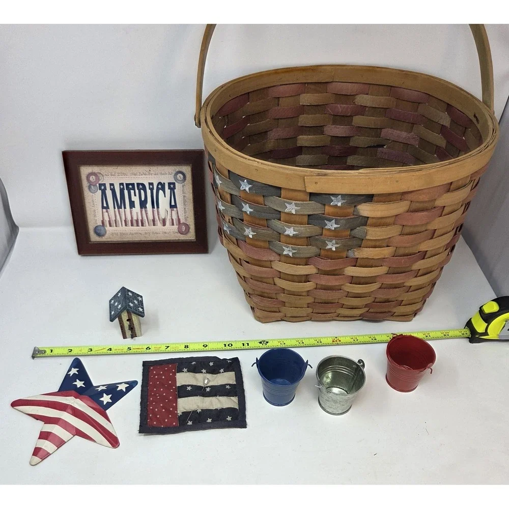 Primitive Americana Patriotic Decor Lot 7pc Basket Sign Birdhouse Star Pails